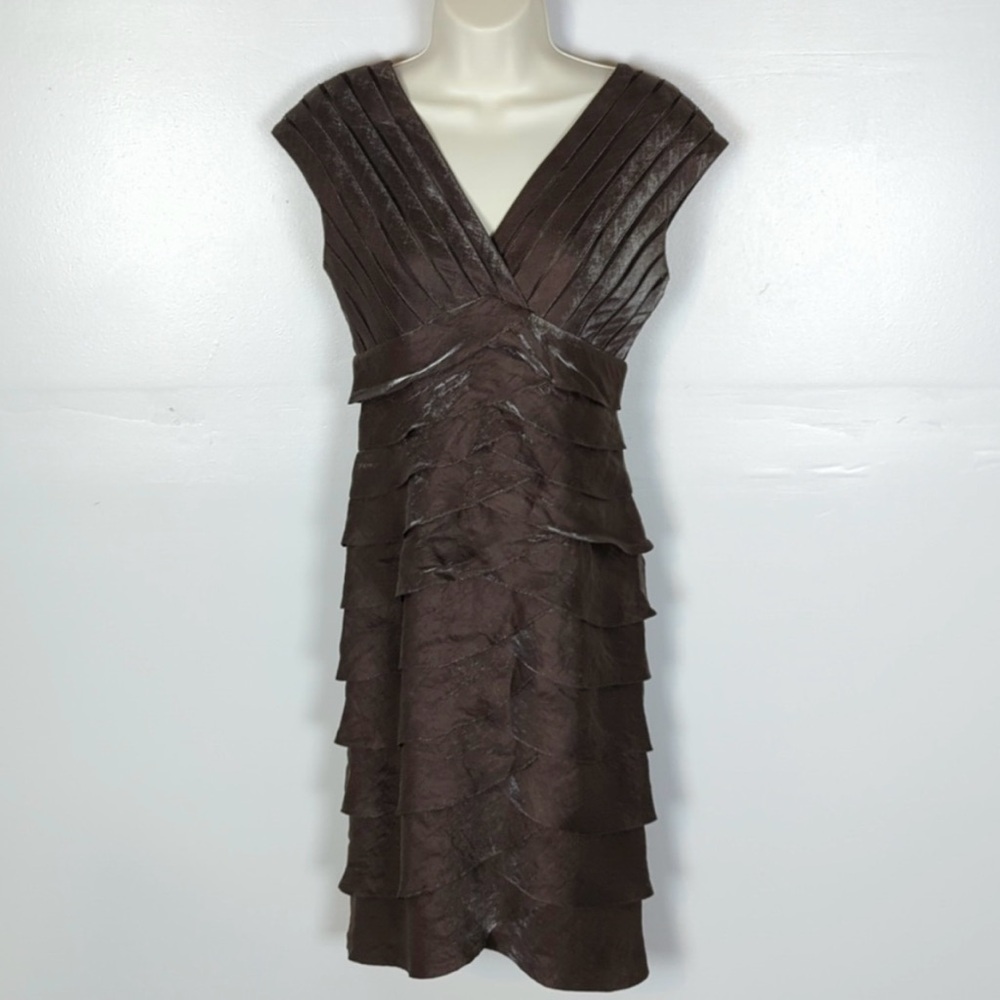 Adrianna Papell Dress 4 Brown Shimmer Shutter Tuck Sheath Midi